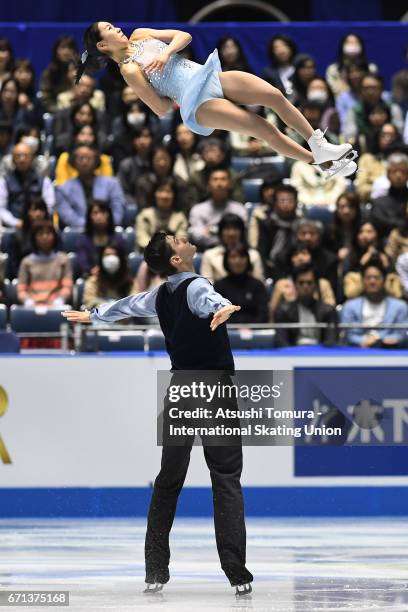Sumire Suto and Francis Boudreau-Audet of Japan compete in the Pairs free skating during the 3rd day of the ISU World Team Trophy 2017on April 22,...
