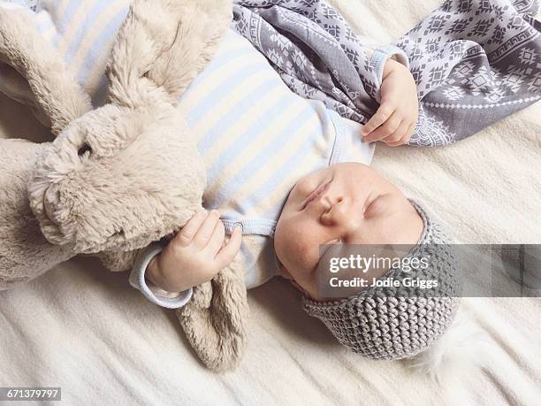 infant sleeping peacefully with teddy and blanket - baby close up bed stockfoto's en -beelden