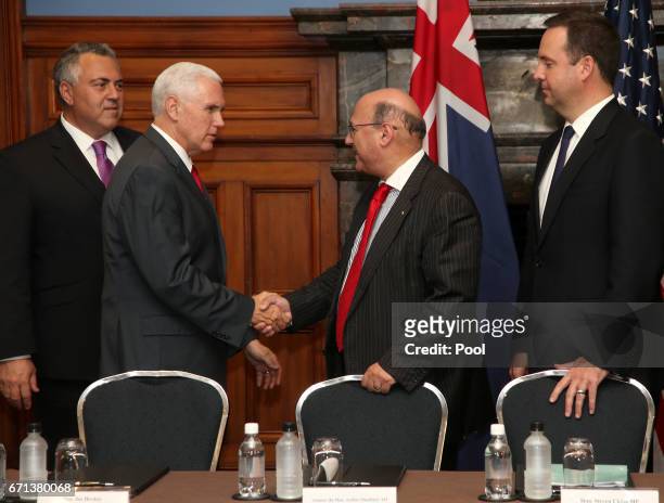 Vice President Mike Pence, second left, meets Australian Minister for Industry, Arthur Sinodinos, Australian Minister for Trade Steven Ciobo, right,...