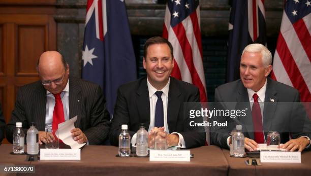 Vice President Mike Pence, right, attends a business listening session with Australian and U.S. Companies along with Australian Minister of Trade,...