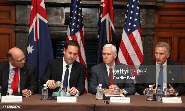 Vice President Mike Pence, second right, attends a business listening session with Australian and U.S. Companies along with U.S. Embassy Canberra...
