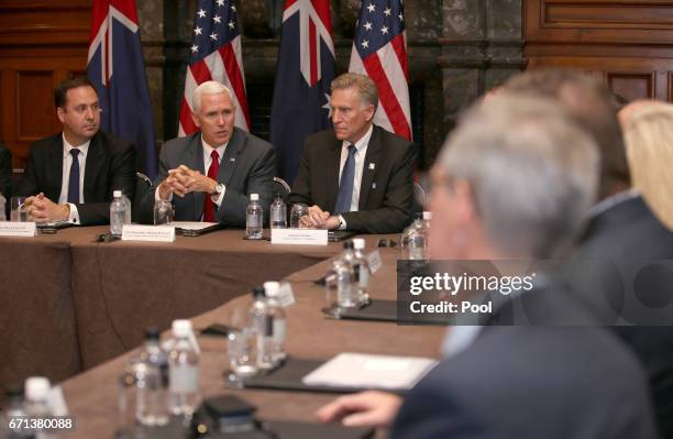 Vice President Mike Pence, second left, attends a business listening session with Australian and U.S. Companies along with U.S. Embassy Canberra...