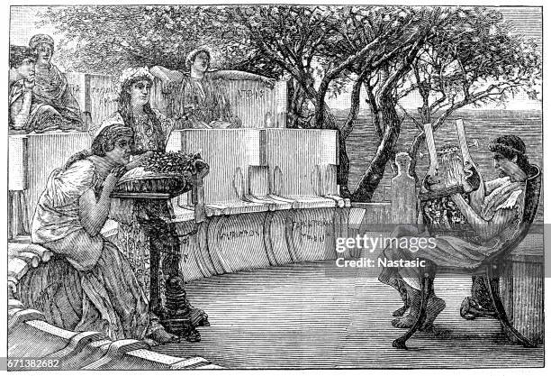 sappho and her companions listening as the poet alcaeus plays a kithara - sappho stock illustrations
