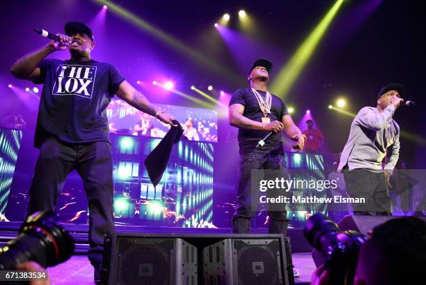 Rappers Sheek Louch, Jadakiss and Styles P of the group The Lox perform live on stage for the Ruff Ryder's Reunion Tour 2017 at Barclays Center of...