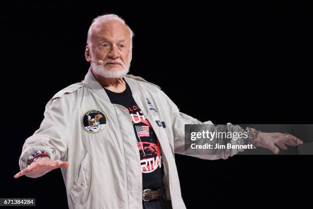 Apollo XI and Gemini 12 astronaut and Global Space Station statesman Buzz Aldrin speaks during WE Day at KeyArena on April 21, 2017 in Seattle,...