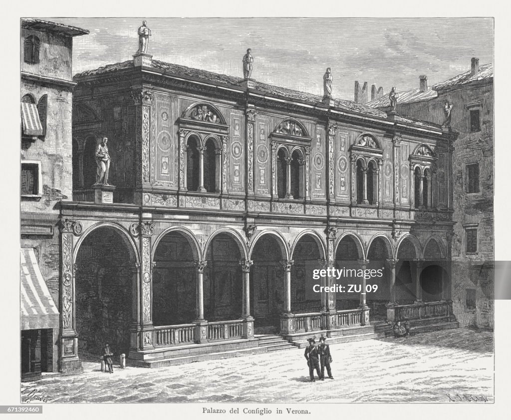 Lodge of Consiglio in Verona, Italy wood engraving, published 1884