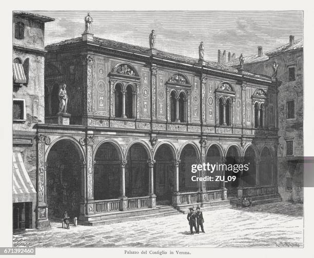 lodge of consiglio in verona, italy wood engraving, published 1884 - brescia stock illustrations