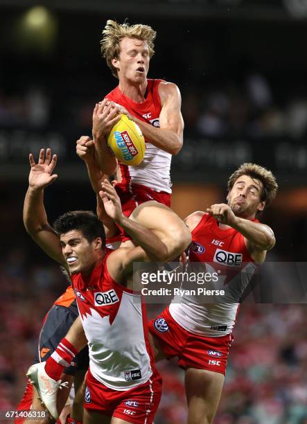 Callum Mills of the Swans leaps for the ball during the round five AFL match between the Sydney Swans and the Greater Western Sydney Giants at Sydney...