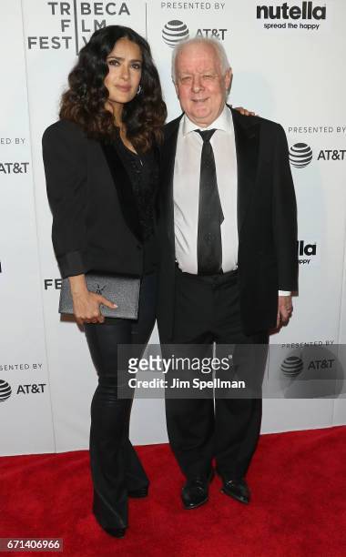 Actress Salma Hayek and director Jim Sheridan attend the Shorts Program: New York - Group Therapy during the 2017 Tribeca Film Festival at Regal...