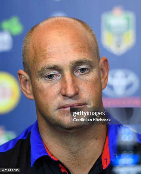 Knights coach Nathan Brown looks on at the post match media conference at the end of during the round eight NRL match between the North Queensland...