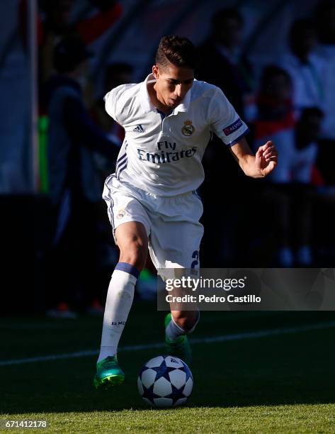 Achraf Hakimi of Real Madrid in action during the UEFA Youth League Final Four match between Real Madrid CF and Benfica at Colovray Stadium on April...