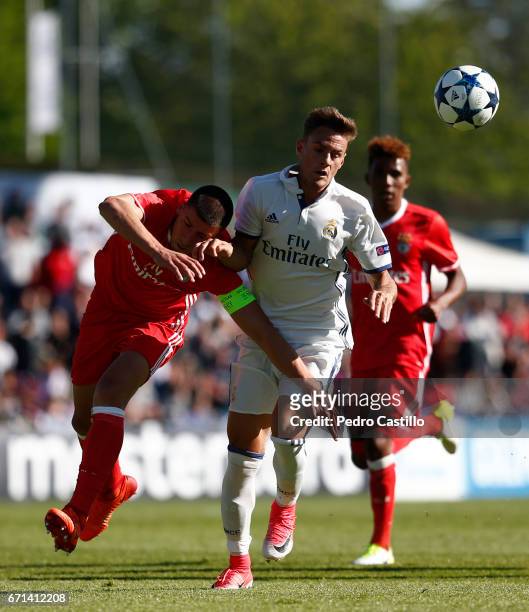 Dani Gomez of Real Madrid duels for the ball with Ruben Dias of Benfica during the UEFA Youth League Final Four match between Real Madrid CF and...