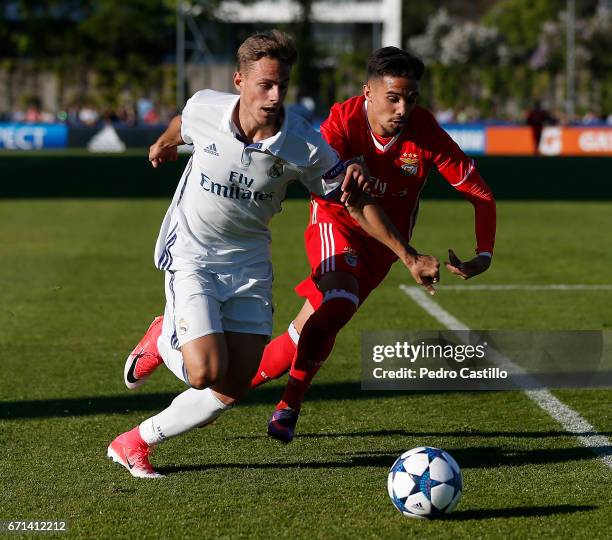 Dani Gomez of Real Madrid duels for the ball during the UEFA Youth League Final Four match between Real Madrid CF and Benfica at Colovray Stadium on...