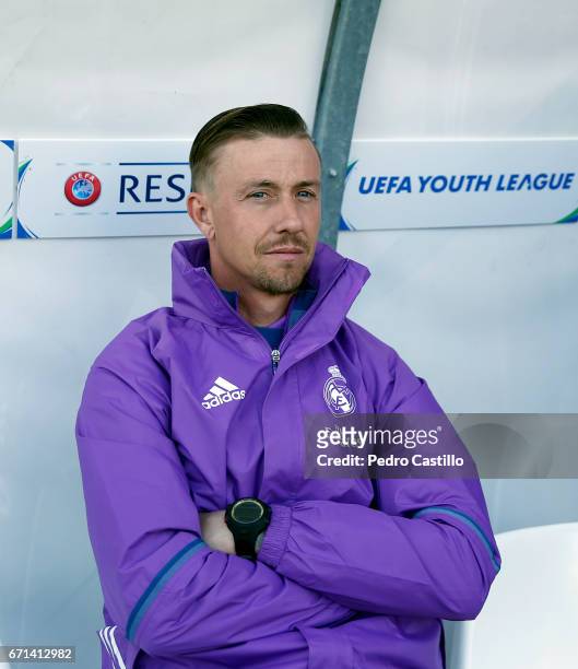 Real Madrid's headcoach Jose Maria Gutierrez looks on during the UEFA Youth League Final Four match between Real Madrid CF and Benfica at Colovray...