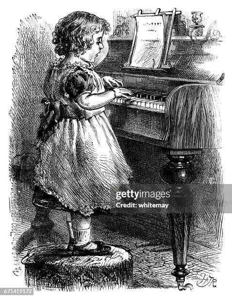 little victorian girl singing and playing the piano - child prodigy stock illustrations