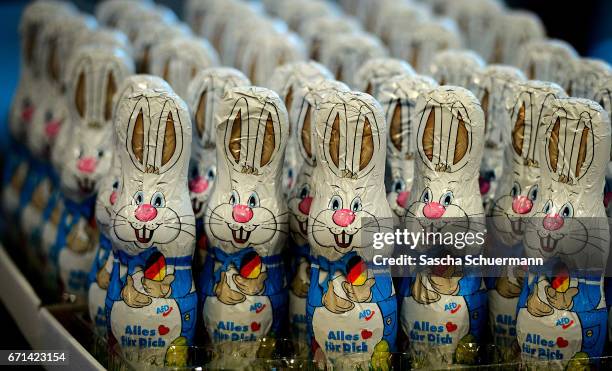 Chocolate Easter bunnies with the AfD logo are seen during the federal congress of the right-wing populist Alternative for Germany political party on...