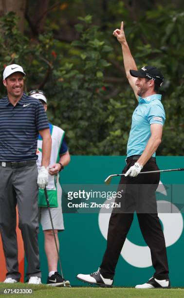Gregory Bourdy of France celebrates after getting a hole in one at Tee No.3 during the third round of the Shenzhen International at Genzon Golf Club...