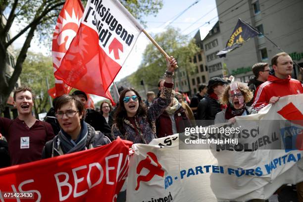 Protesters demonstrating against the right-wing populist Alternative for Germany political party federal congress on April 22, 2017 in Cologne,...