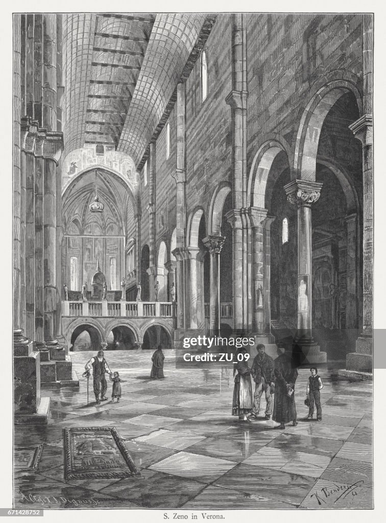 San Zeno in Verona, Italy, interior, wood engraving, published 1884