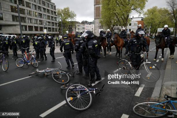 Bikes are used as barricade during a protest against the right-wing populist Alternative for Germany political party federal congress on April 22,...
