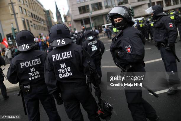 Policemen are seen during a protest against the right-wing populist Alternative for Germany political party federal congress on April 22, 2017 in...