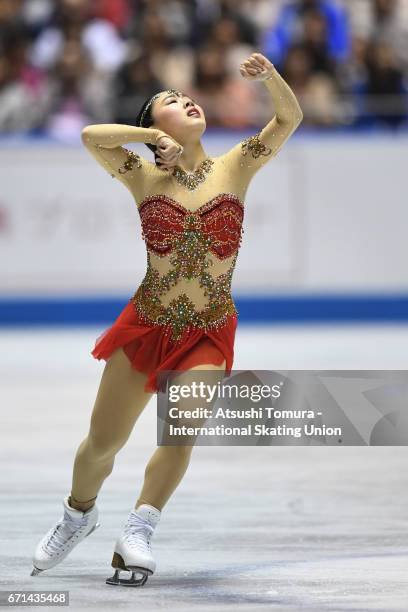 Wakaba Higuchi of Japan competes in the Ladies free skating during the 3rd day of the ISU World Team Trophy 2017on April 22, 2017 in Tokyo, Japan.