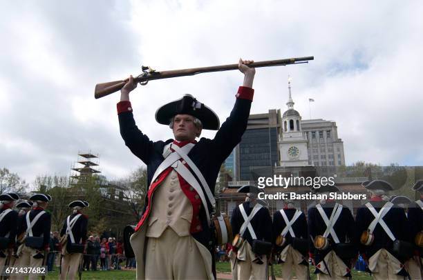 ribben cutting of museum of the american revolution - revolutionary war uniform stock pictures, royalty-free photos & images