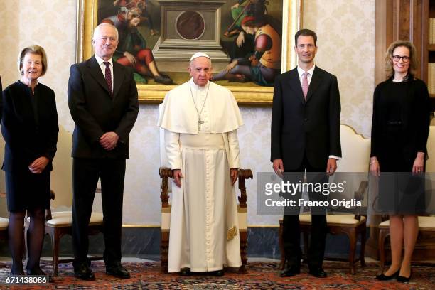 Pope Francis poses with Prince Hans-Adam of Liechtenstein , his wife Princess Marie , Hereditary Prince Alois of Liechtenstein and his wife Princess...