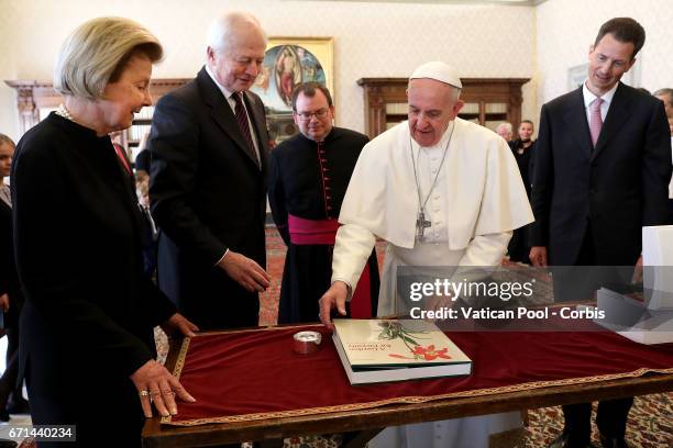 Pope Francis meets Prince Hans-Adam II of Lichtenstein, Princesse Marie of Liechtenstein, Alois, Hereditary Prince of Liechtenstein and Sophie,...