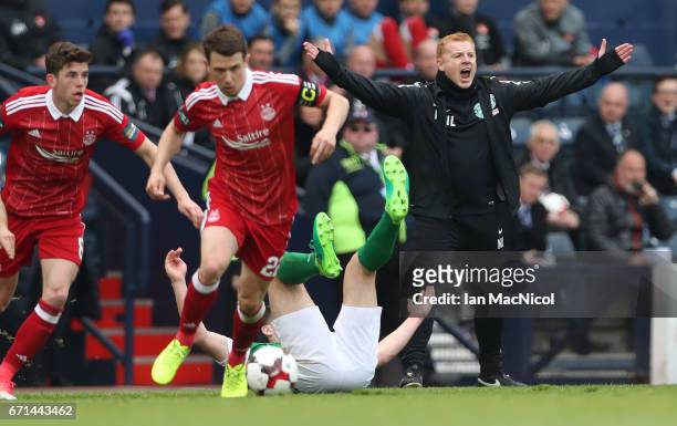 Hibernian manager Neil Lennon reacts during the William Hill Scottish Cup semi-final match between Hibernian and Aberdeen at Hampden Park on April...
