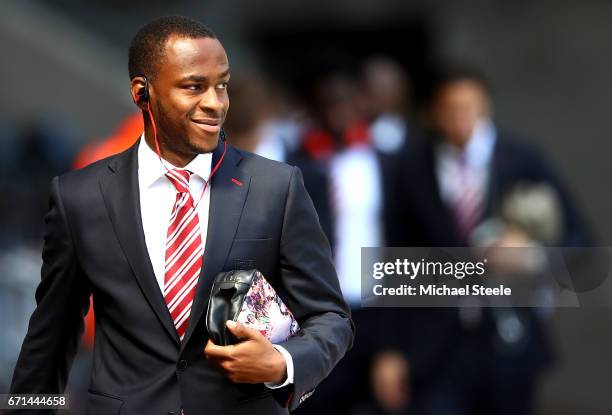 Saido Berahino of Stoke City arrives for the Premier League match between Swansea City and Stoke City at the Liberty Stadium on April 22, 2017 in...