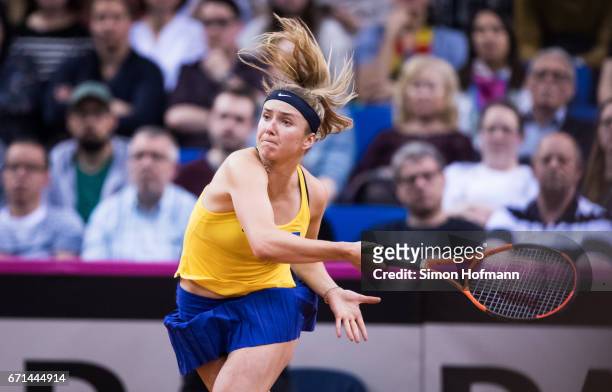 Elina Svitolina of Ukraine returns against Julia Goerges of Germany during the FedCup World Group Play-Off Match between Germany and Ukraine at...
