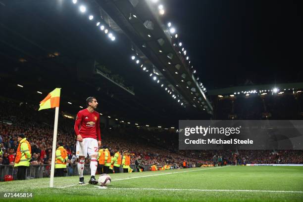 Henrikh Mkhitaryan of Manchester United prepares to take a corner during the UEFA Europa League quarter- final second leg match between Manchester...