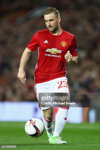 Luke Shaw of Manchester United prepares to take a corner during the UEFA Europa League quarter- final second leg match between Manchester United and...