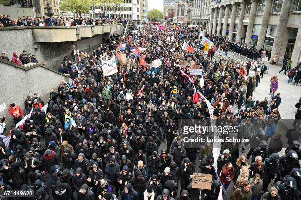 Protesters demonstrating against the right-wing populist Alternative for Germany political party federal congress on April 22, 2017 in Cologne,...