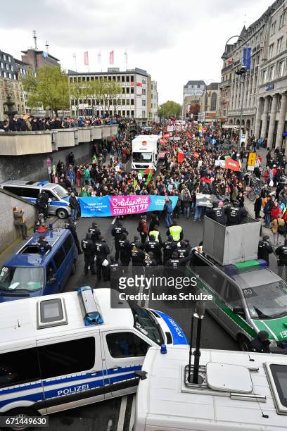 Protesters demonstrating against the right-wing populist Alternative for Germany political party federal congress on April 22, 2017 in Cologne,...