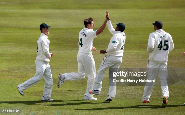 James Pattinson of Nottinghamshire celebrates the wicket of Delray Rawlins of Sussex during Day Two of the Specsavers County Championship Division...