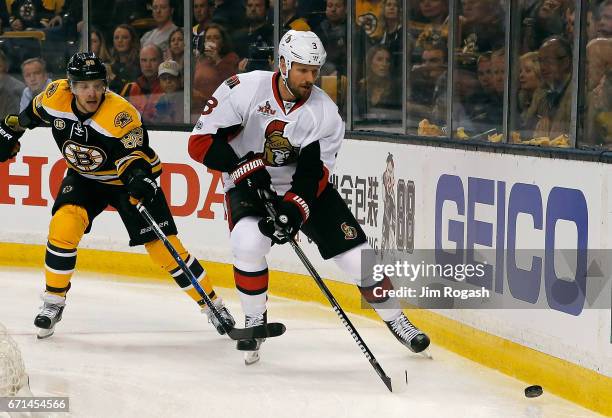 Marc Methot of the Ottawa Senators defends in the first period against the Boston Bruins in Game Three of the Eastern Conference First Round during...