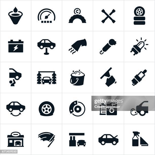 car care and maintenance icons - car battery stock illustrations