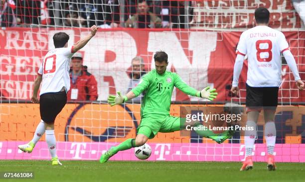 Bojan Krkic of 1. FSV Mainz 05 scores the opening goal during the Bundesliga match between Bayern Muenchen and 1. FSV Mainz 05 at Allianz Arena on...
