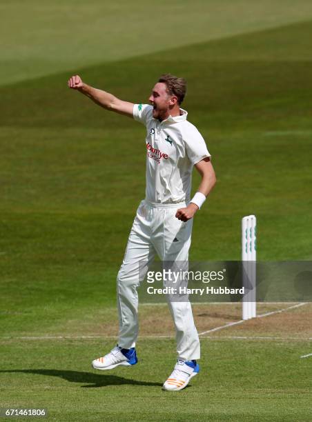 Stuart Broad of Nottinghamshire celebrates the wicket of Harry Finch of Sussex during Day Two of the Specsavers County Championship Division Two...