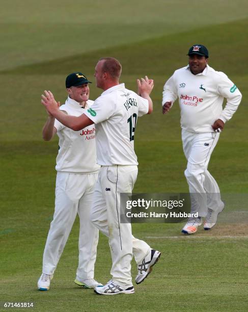 Luke Fletcher of Nottinghamshire celebrates the wicket of Ben Brown of Sussex during Day Two of the Specsavers County Championship Division Two match...