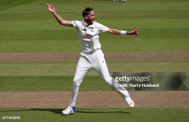 Stuart Broad of Nottinghamshire celebrates the wicket of Harry Finch of Sussex during Day Two of the Specsavers County Championship Division Two...