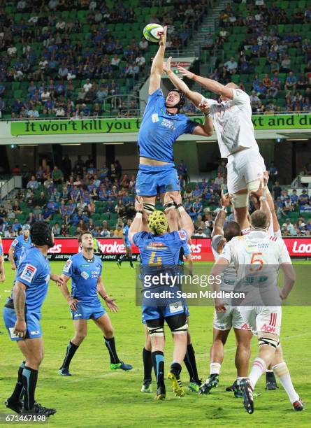 Ross Haylett-Petty of Force in action during the round nine Super Rugby match between the Force and the Chiefs at nib Stadium on April 22, 2017 in...
