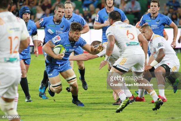 Brynard Stander of Force runs with the ball during the round nine Super Rugby match between the Force and the Chiefs at nib Stadium on April 22, 2017...