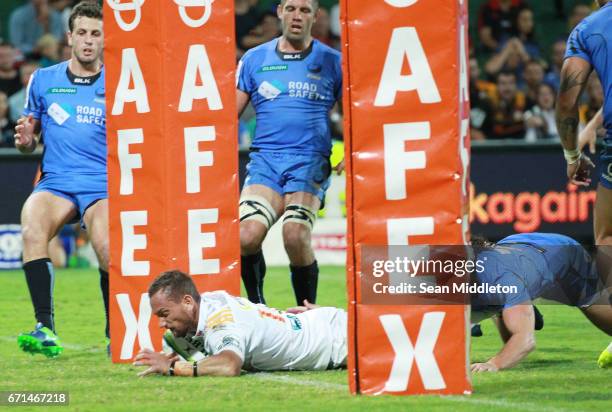 Aaron Cruden of Chiefs goes over the line only to be disallowed during the round nine Super Rugby match between the Force and the Chiefs at nib...