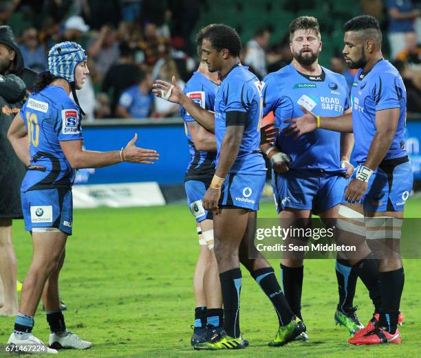 Force players show their dejection after their loss during the round nine Super Rugby match between the Force and the Chiefs at nib Stadium on April...