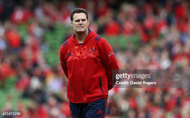 Rassie Erasmus, the Munster head coach looks on prior to the European Rugby Champions Cup semi final match between Munster and Saracens at the Aviva...