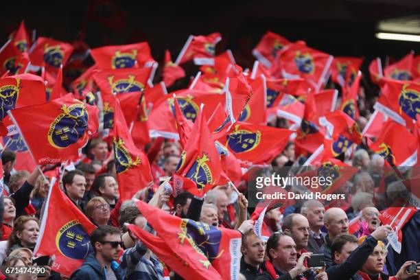 Munster fans celebrate during the European Rugby Champions Cup semi final match between Munster and Saracens at the Aviva Stadium on April 22, 2017...