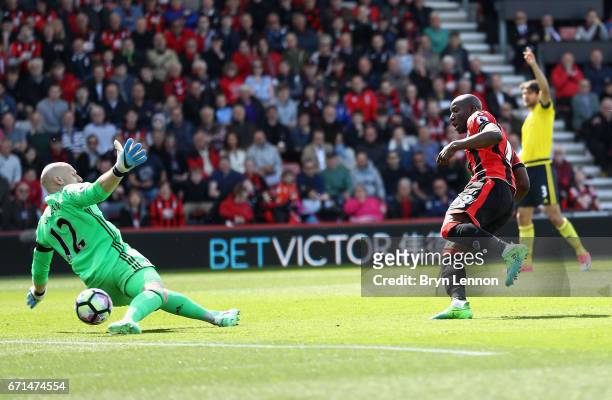 Benik Afobe of AFC Bournemouth scores his team's second goal during the Premier League match between AFC Bournemouth and Middlesbrough at the...